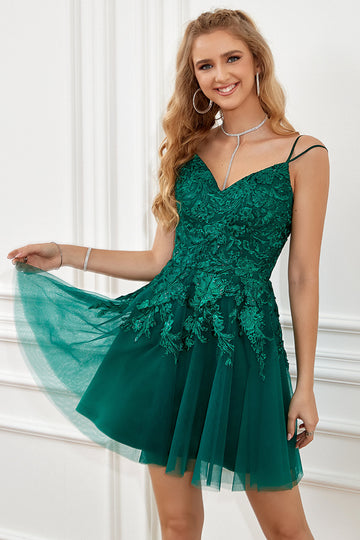 Dark Green Lace-Up A-Line Short Formal Dress